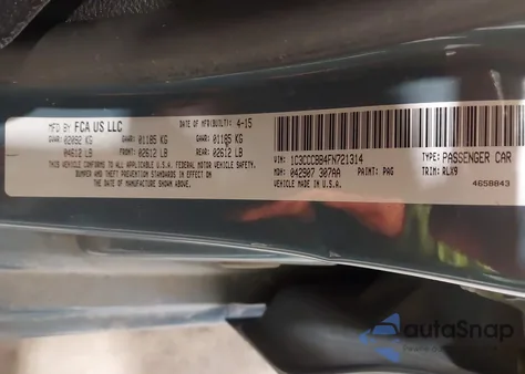 2015 Chrysler 200 S z USA, uszkodzony, nr VIN 1C3CCCBB4FN721314